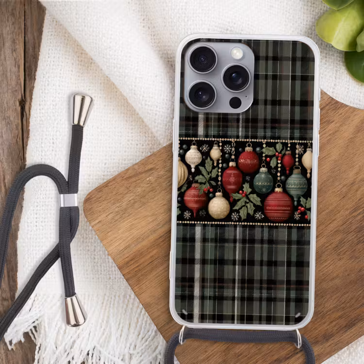 Telefoonhoesje met koord - Kerstballen - Rood - Hulsttakken - Patroon — 3