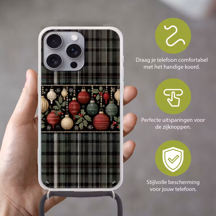Telefoonhoesje met koord - Kerstballen - Rood - Hulsttakken - Patroon — 4