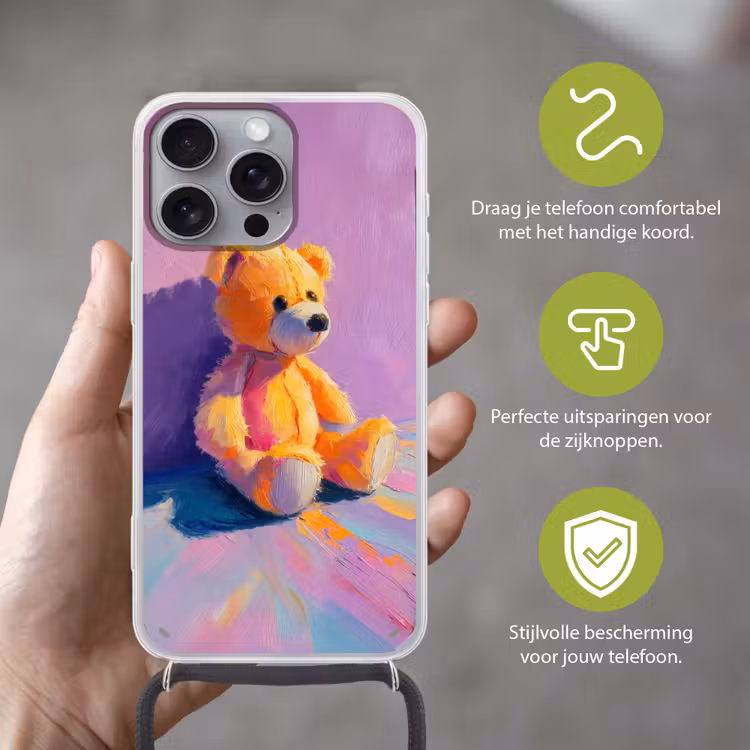 Telefoonhoesje met koord - Teddybeer - Schaduw - Penseelstreken - Paars — 4