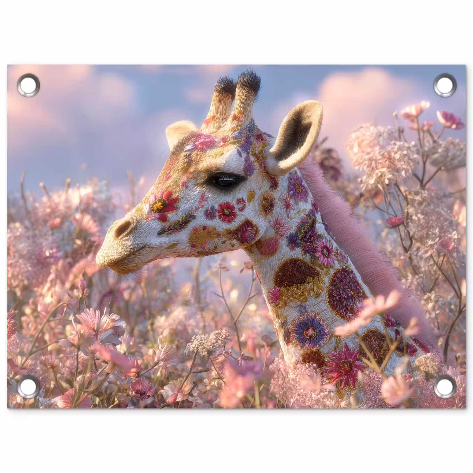 Tuinposter - Giraffe - Bloemen - Roze — 1