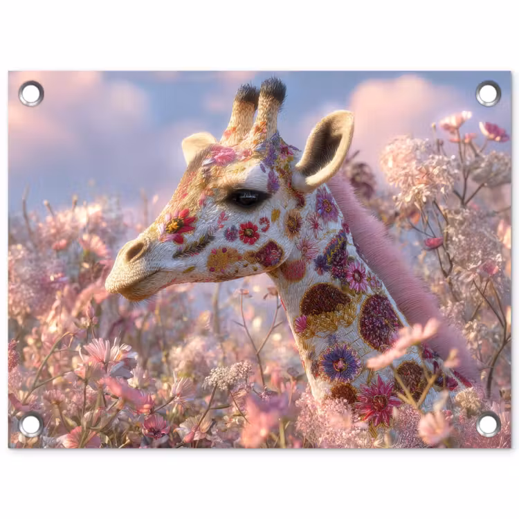Tuinposter - Giraffe - Bloemen - Roze — 1