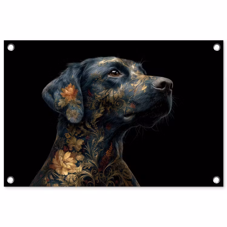 Tuinposter - Hond - Zwart - Bloemen — 1