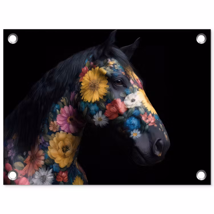 Tuinposter - Paard - Bloemen - Zwart — 1