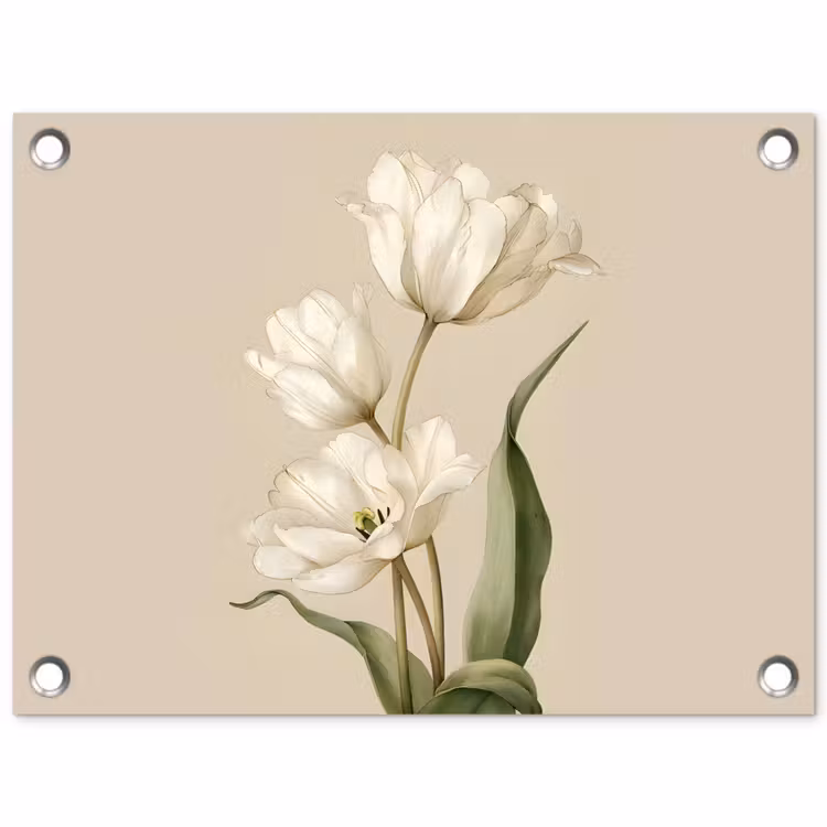 Tuinposter - Tulpen - Wit - Bladeren — 1