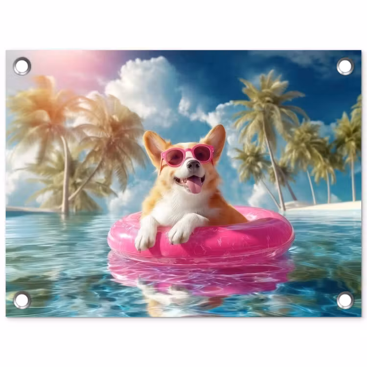 Tuinposter - Corgi - Zwemband - Roze - Zonnebril — 1
