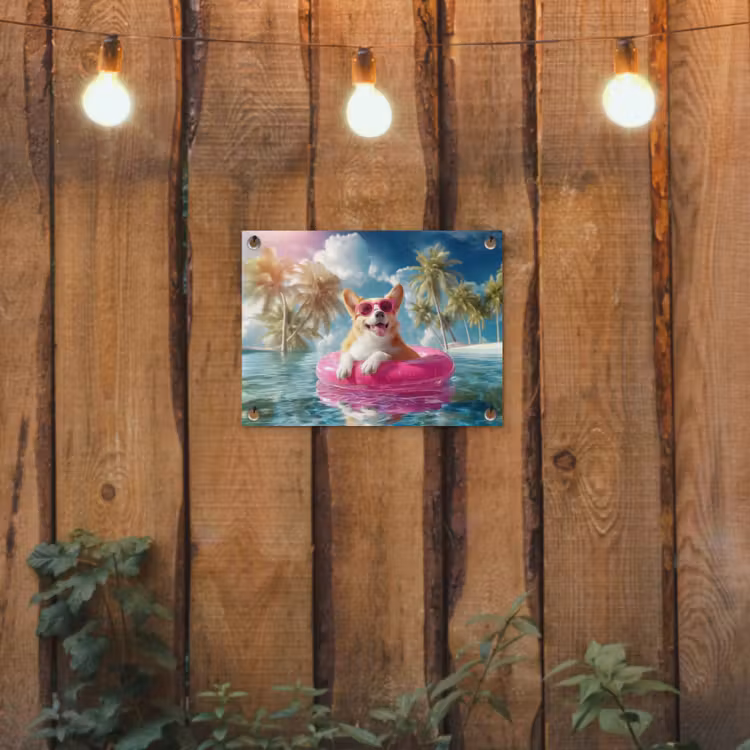 Tuinposter - Corgi - Zwemband - Roze - Zonnebril — 2
