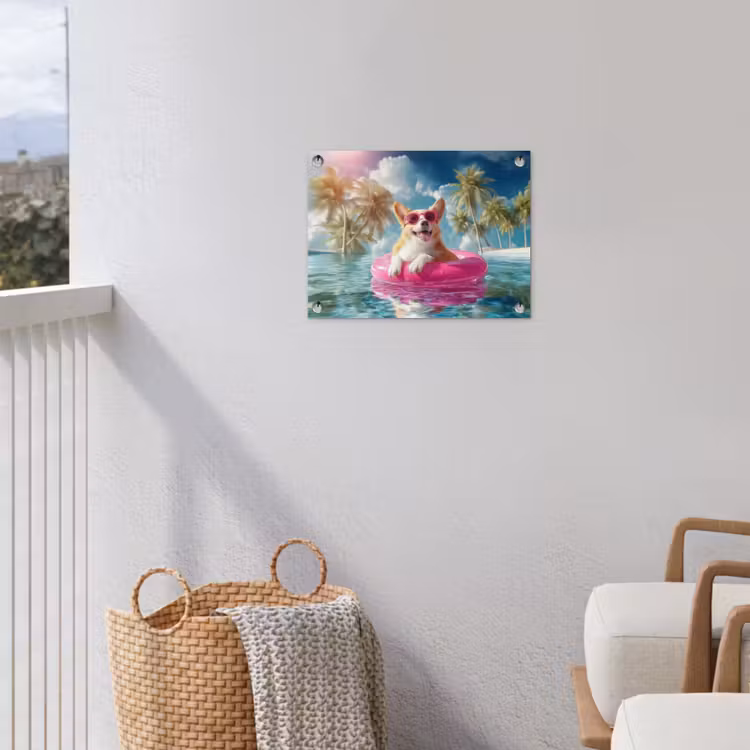 Tuinposter - Corgi - Zwemband - Roze - Zonnebril — 3