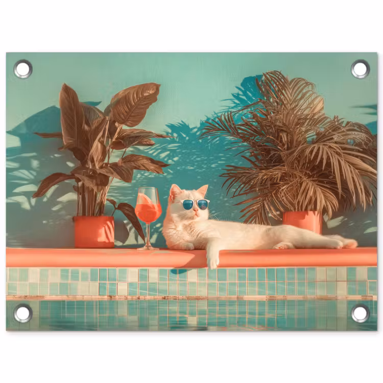 Tuinposter - Kat - Zwembad - Zonnebril - Drankje — 1