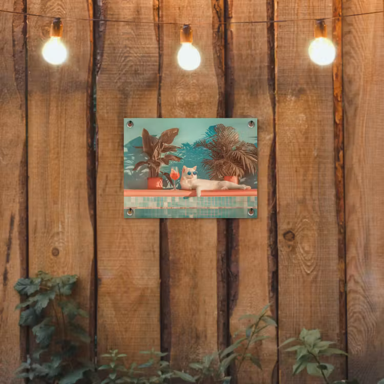 Tuinposter - Kat - Zwembad - Zonnebril - Drankje — 2