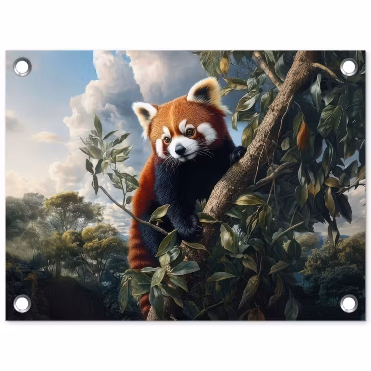 Tuinposter - Panda - Rood - Boom - Wolken — 1
