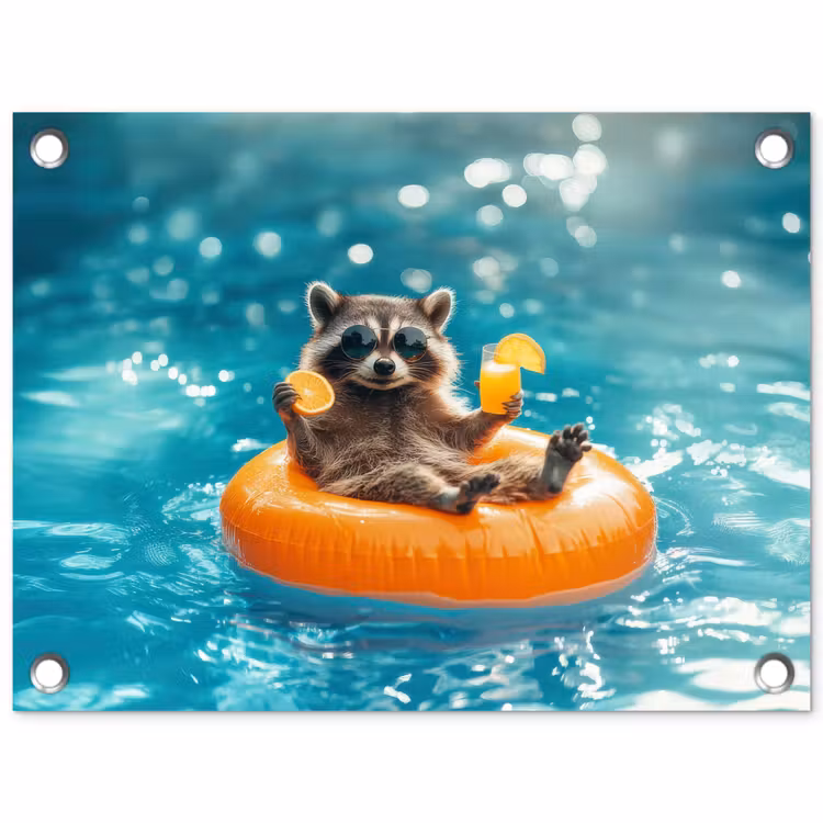 Tuinposter - Wasbeer - Zonnebril - Zwemband - Geel — 1