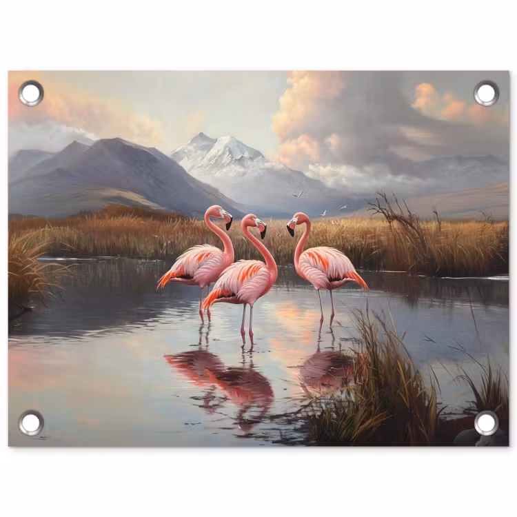 Tuinposter - Flamingo - Roze - Meer - Bergen — 1