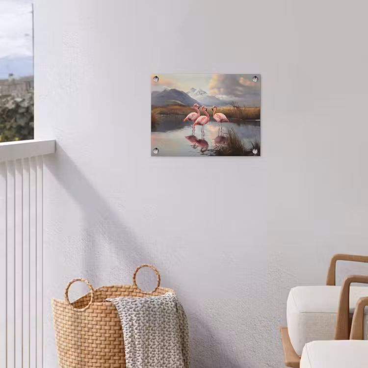 Tuinposter - Flamingo - Roze - Meer - Bergen — 3