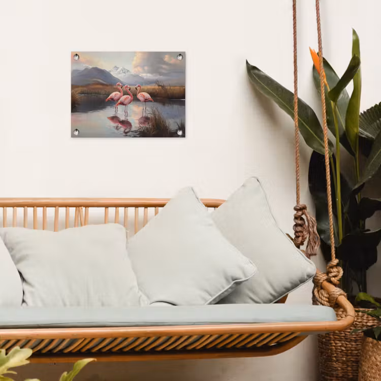 Tuinposter - Flamingo - Roze - Meer - Bergen — 5