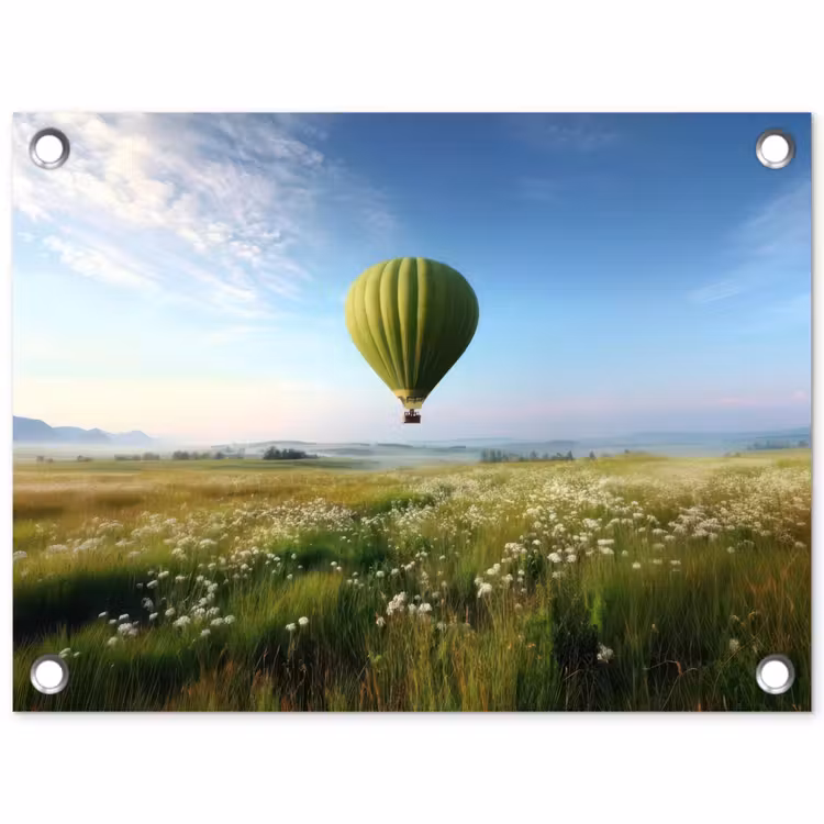 Tuinposter - Groene luchtballon - Weide - bloemen — 1