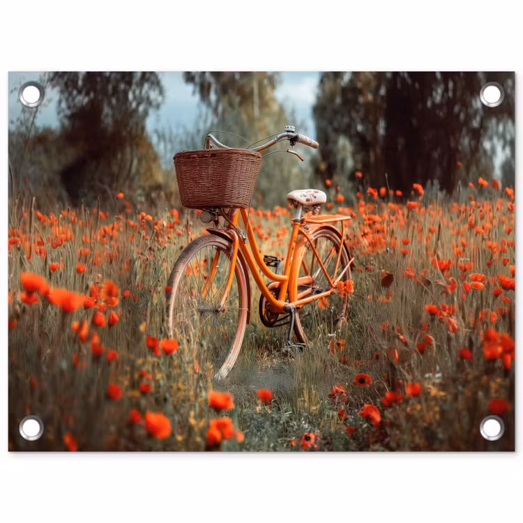 Tuinposter - Oranje fiets - Klaprozen - Bomen — 1