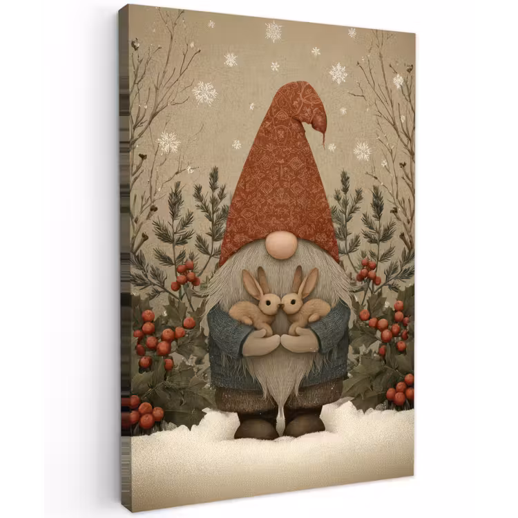 Buiten canvas - Kerstgnome - Konijntjes - Kleurrijk — 1