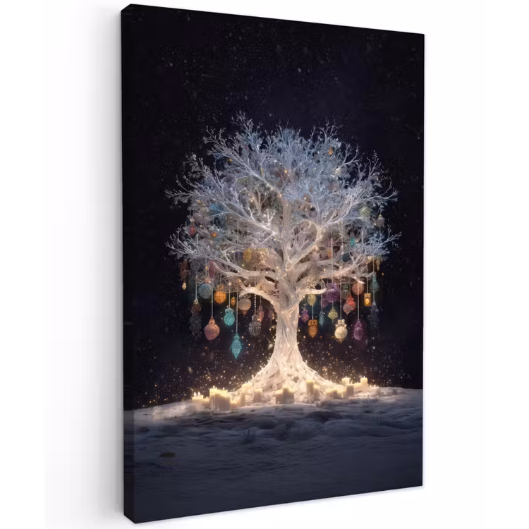 Buiten canvas - Sneeuwboom - Lichtjes - Wit - Kleurrijk — 1