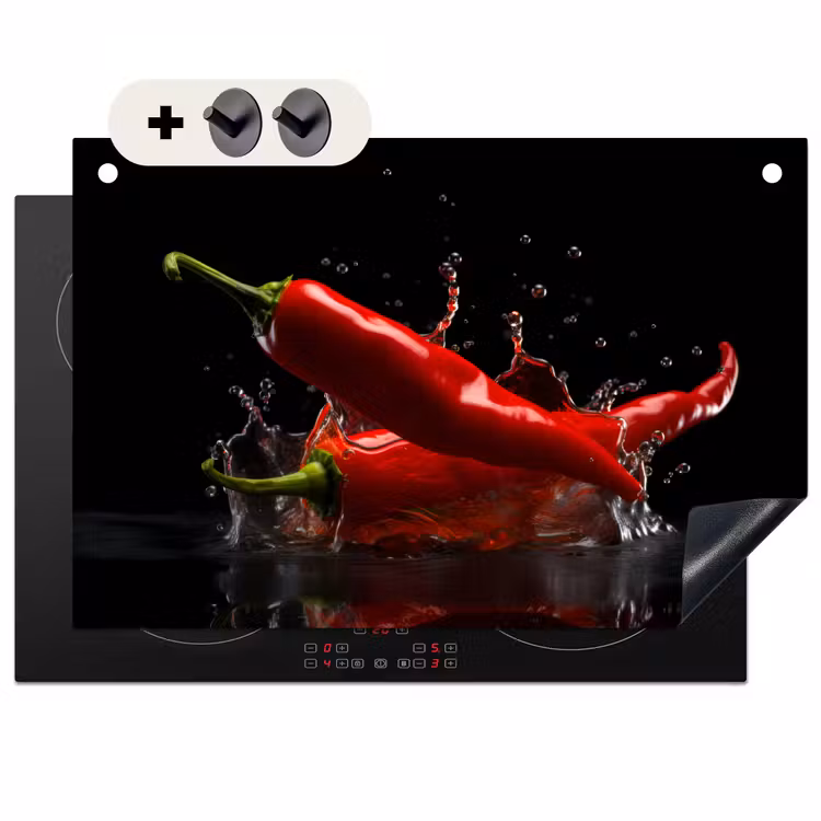 Inductie beschermer en spatscherm (2in1) - Peper - Rood - Zwart - Water - Groente — 1