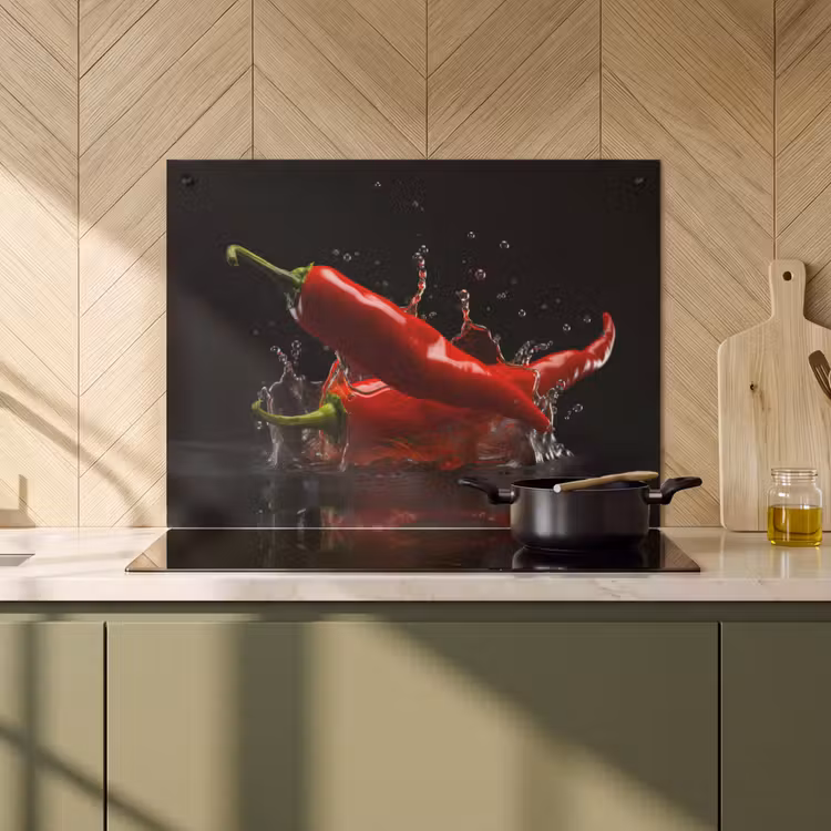 Inductie beschermer en spatscherm (2in1) - Peper - Rood - Zwart - Water - Groente — 2