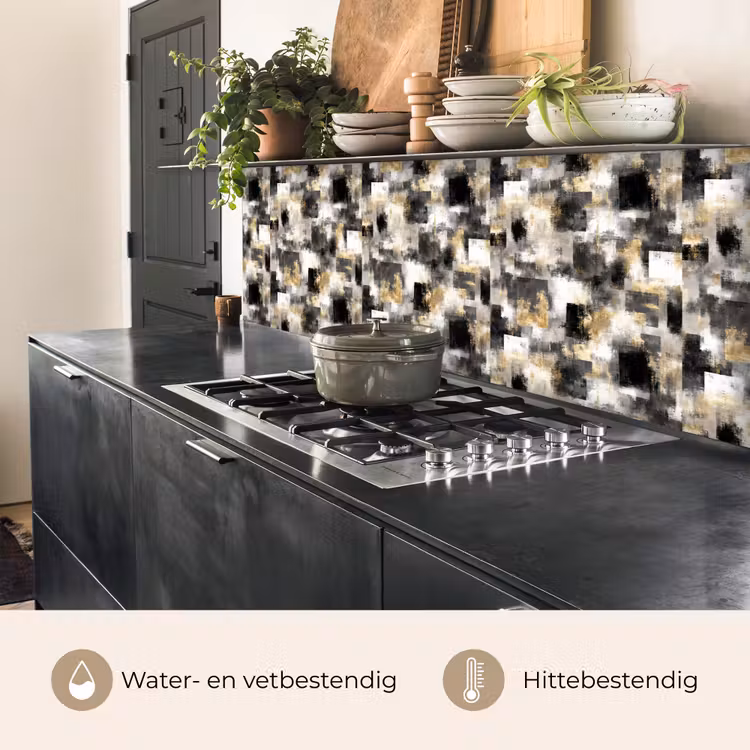 Keuken achterwand - Penseelstrepen - Schaduwpatronen - Zwart - Goud — 3
