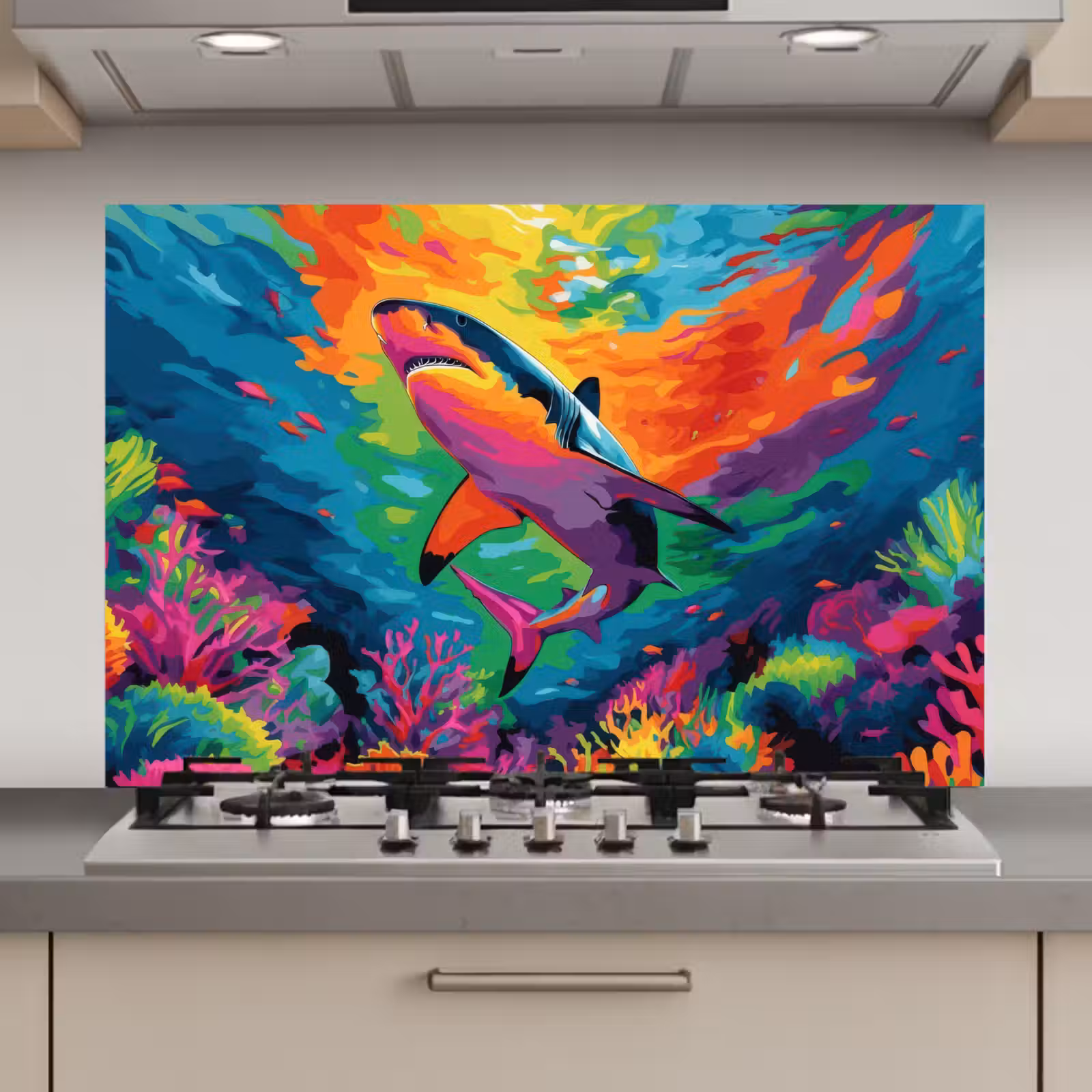 Spatscherm keuken - Haai - Koraalrif - Abstract - Kleurrijk — 1