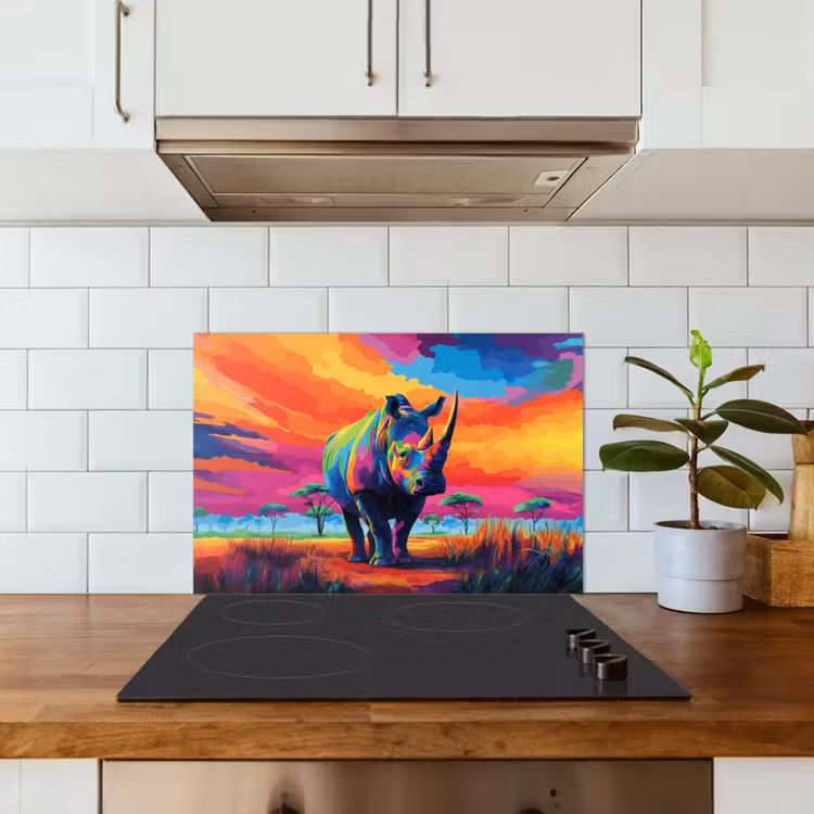 Spatscherm keuken - Neushoorn - Zonsondergang - Savanna - Kleurrijk — 6