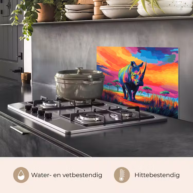 Spatscherm keuken - Neushoorn - Zonsondergang - Savanna - Kleurrijk — 7
