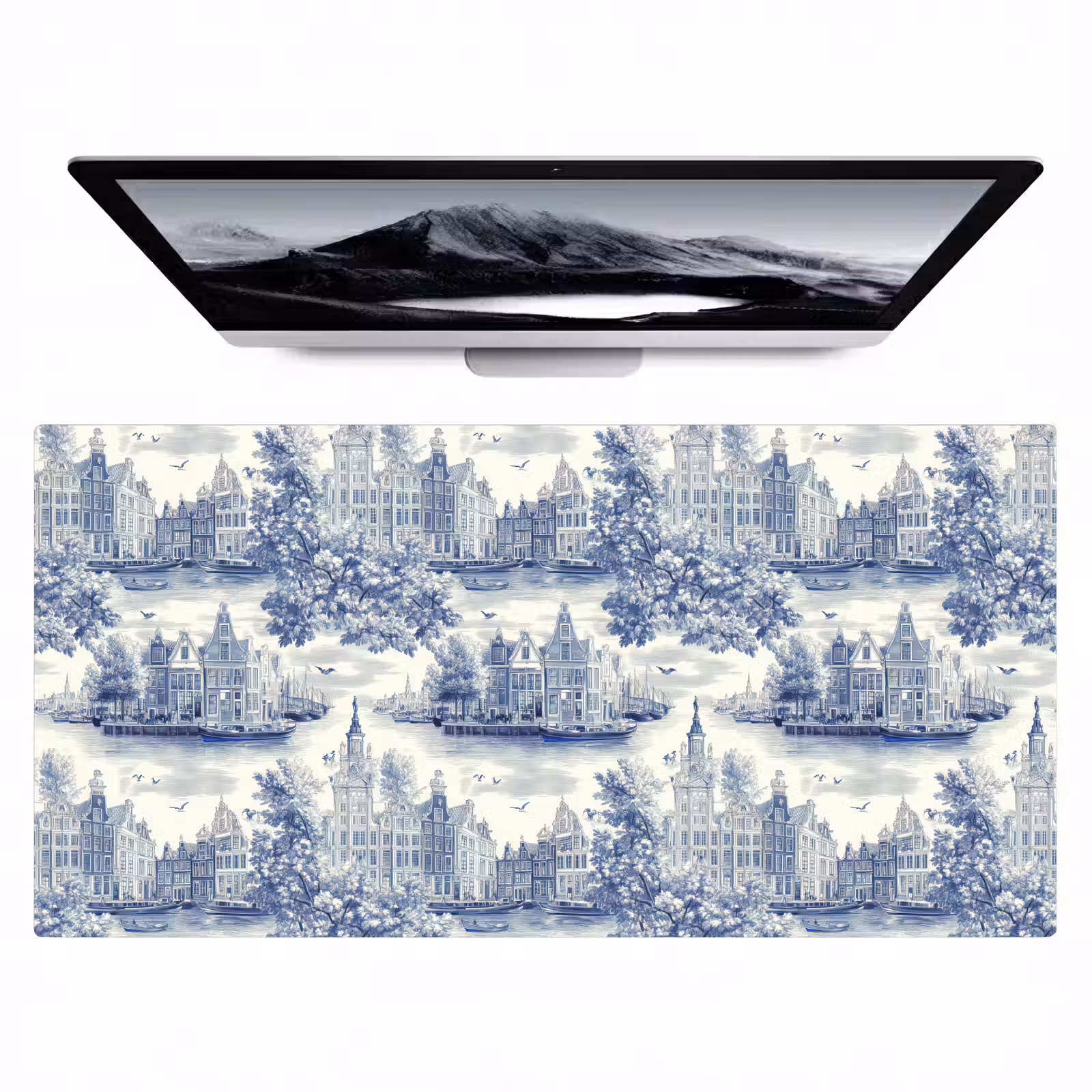 Bureau onderlegger - Huizen - Bomen - Water - Vogels - Blauw — 1
