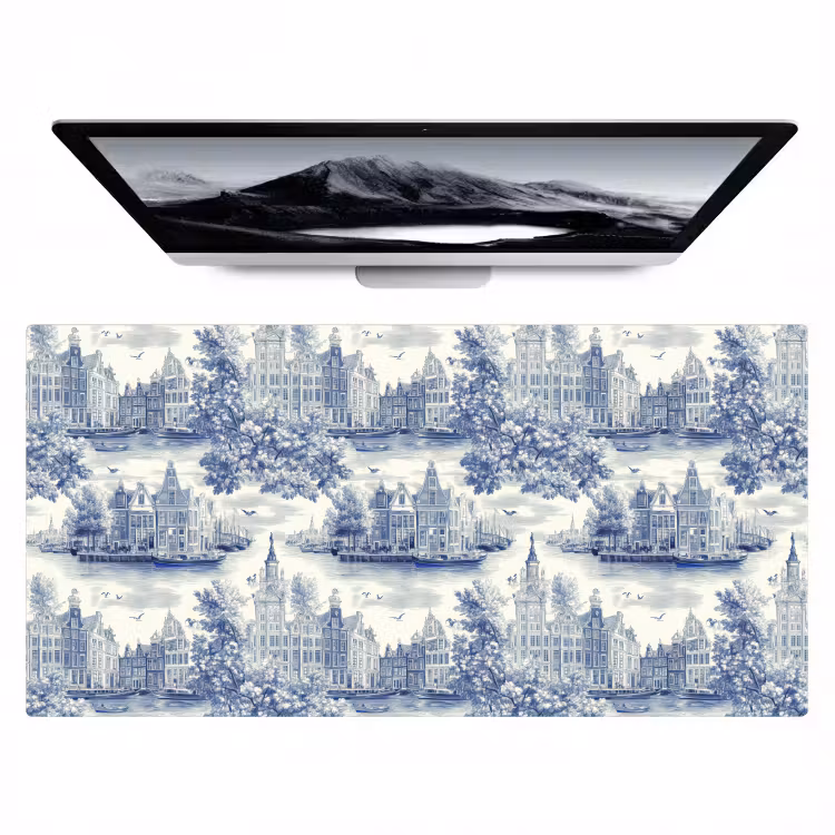 Bureau onderlegger - Huizen - Bomen - Water - Vogels - Blauw — 1