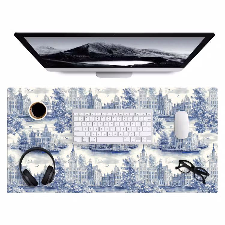 Bureau onderlegger - Huizen - Bomen - Water - Vogels - Blauw — 4