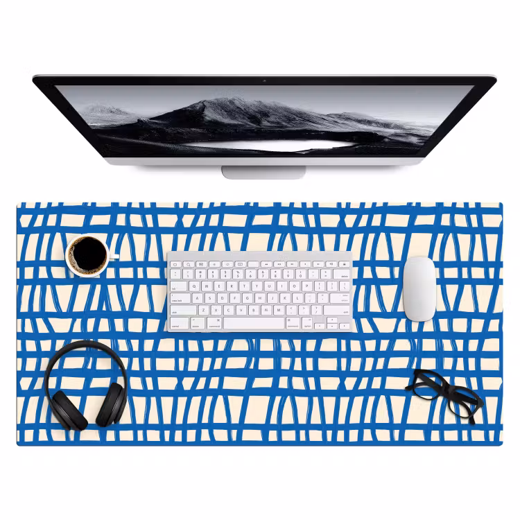 Bureau onderlegger - Ruitpatroon - Blauw - Crème — 4