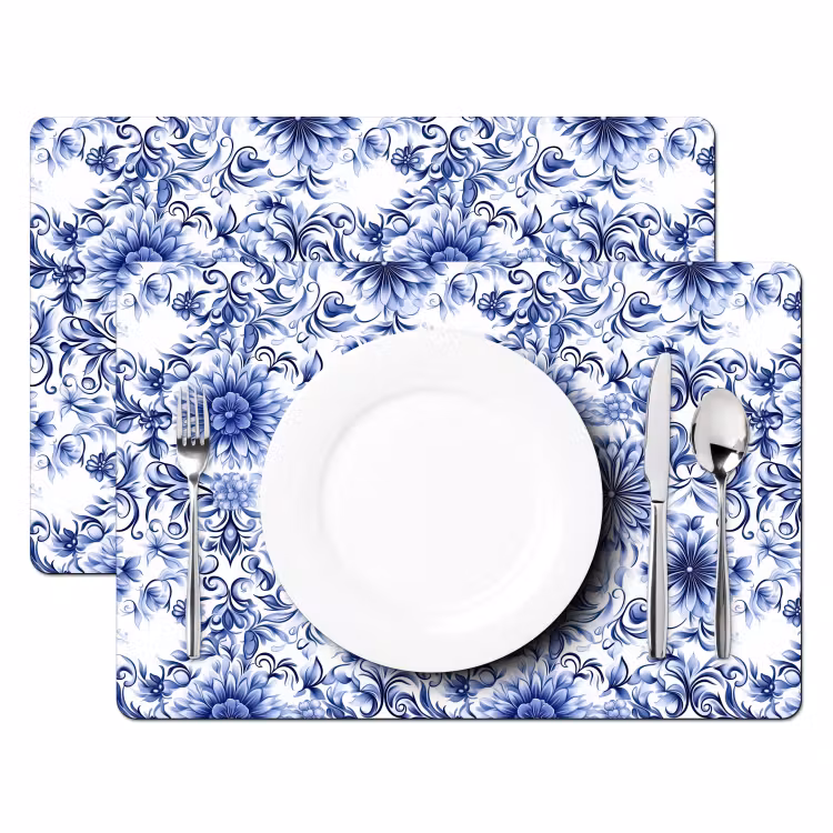 Placemat - 6 stuks - Bloemen - Blauw - Patroon - Wit — 2