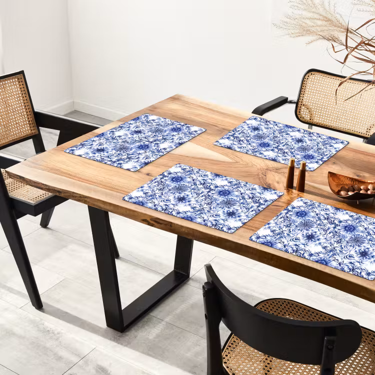 Placemat - 6 stuks - Bloemen - Blauw - Patroon - Wit — 5
