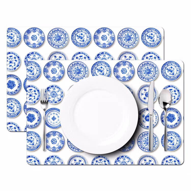 Placemat - 6 stuks - Borden - Bloemen - Patroon - Blauw — 2
