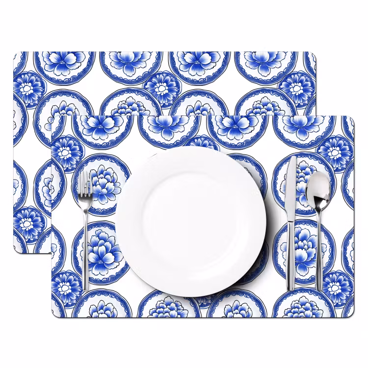 Placemat - 6 stuks - Cirkels - Bloemen - Blauw — 2