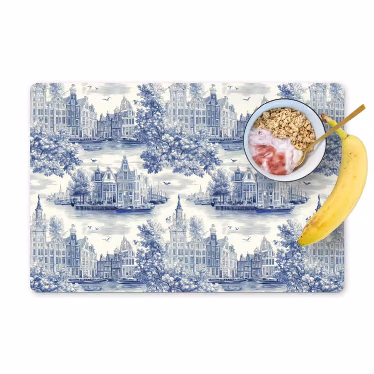 Placemat - 6 stuks - Huizen - Bomen - Water - Vogels - Blauw — 1