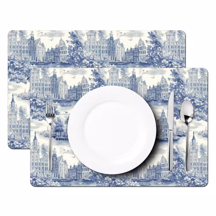 Placemat - 6 stuks - Huizen - Bomen - Water - Vogels - Blauw — 2