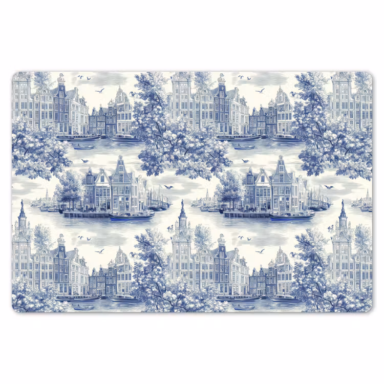 Placemat - 6 stuks - Huizen - Bomen - Water - Vogels - Blauw — 7