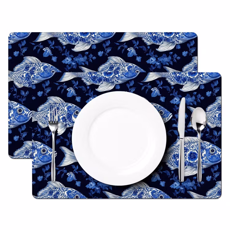 Placemat - 6 stuks - Vissen - Bloemen - Blauw — 2