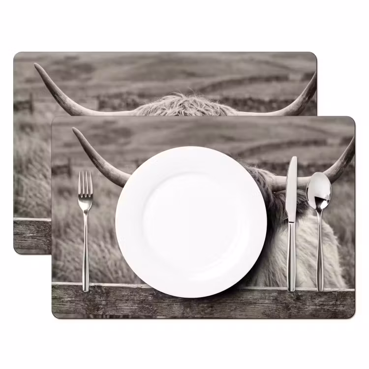 Placemat - 6 stuks - Schotse hooglander - Zwart - Wit - Hout — 2
