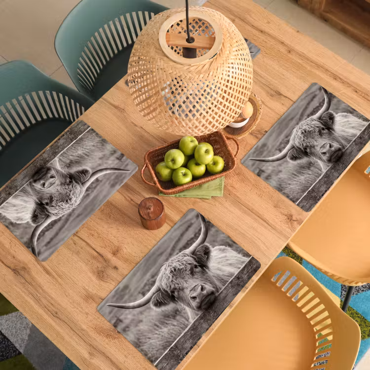 Placemat - 6 stuks - Schotse hooglander - Zwart - Wit - Hout — 6