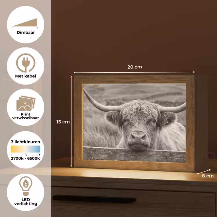 Lightbox - Wandlamp - Schotse hooglander - Zwart - Wit - Hout — 9