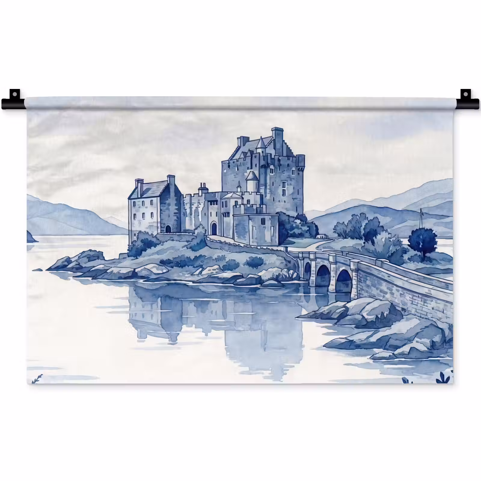 Wandkleed - Schots - Kasteel - Blauw - Aquarel — 1