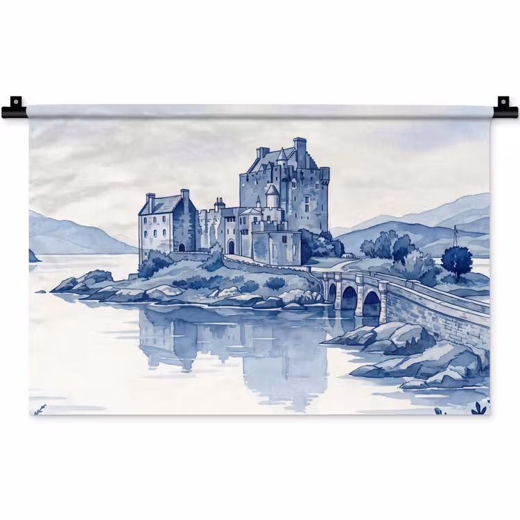 Wandkleed - Schots - Kasteel - Blauw - Aquarel — 1