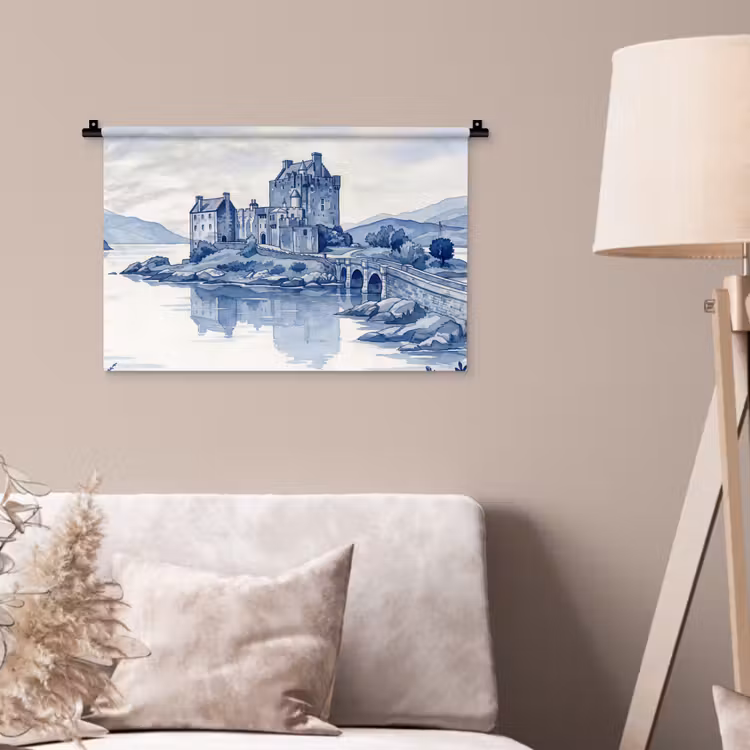 Wandkleed - Schots - Kasteel - Blauw - Aquarel — 2