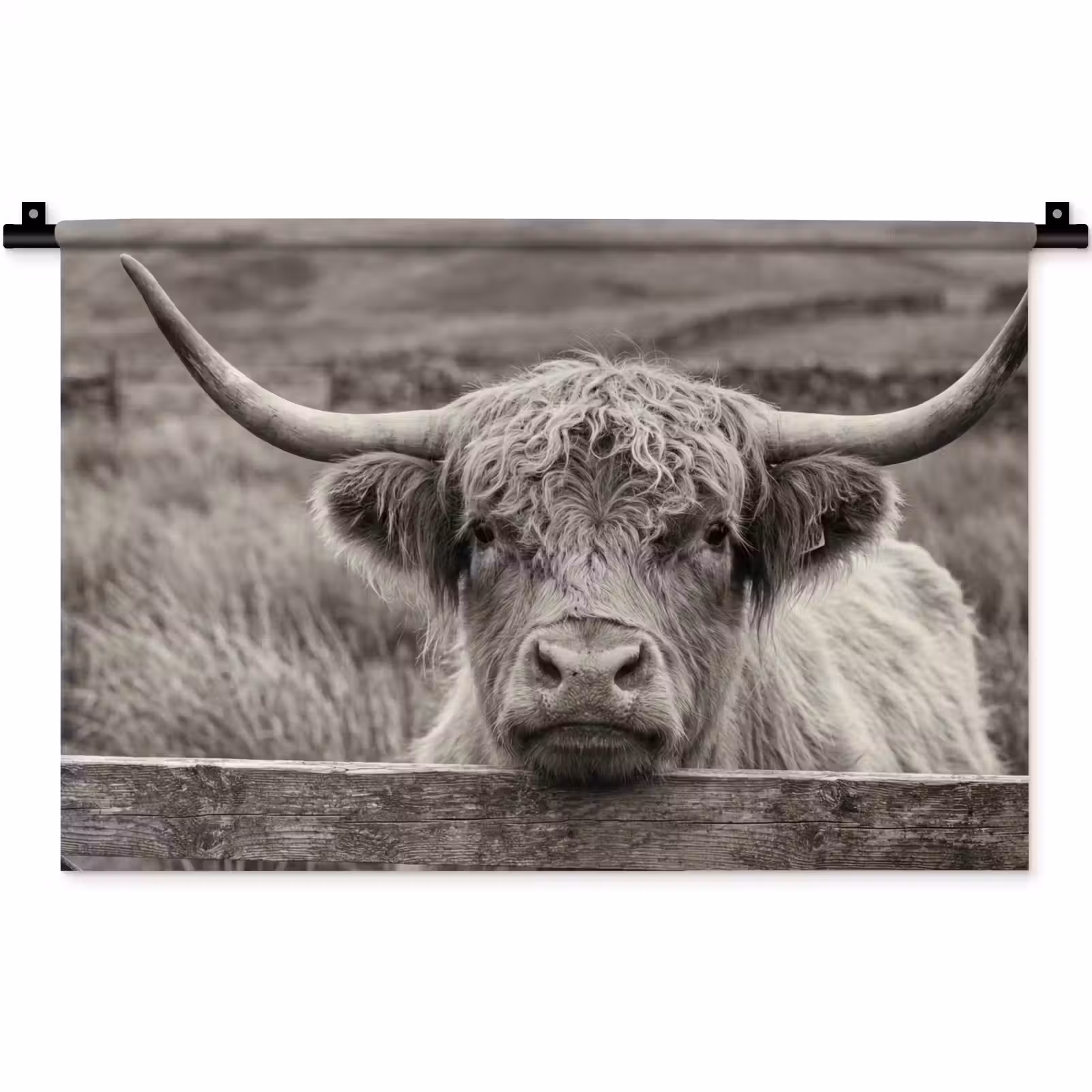 Wandkleed - Schotse hooglander - Zwart - Wit - Hout — 1