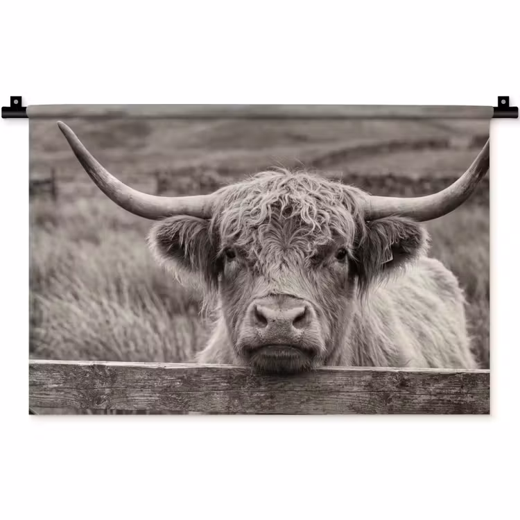 Wandkleed - Schotse hooglander - Zwart - Wit - Hout — 1