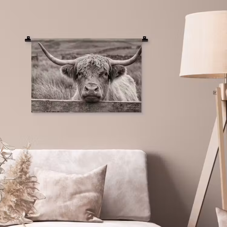 Wandkleed - Schotse hooglander - Zwart - Wit - Hout — 2