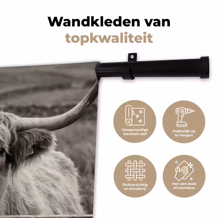 Wandkleed - Schotse hooglander - Zwart - Wit - Hout — 3